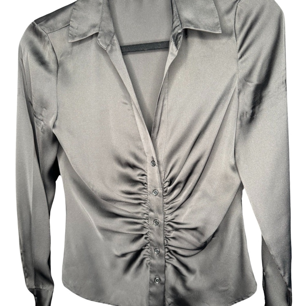 Dr2 by Daniel Rainn Ruched Satin Button-Up Long Sleeve Black Blouse Size XS - Picture 2 of 8